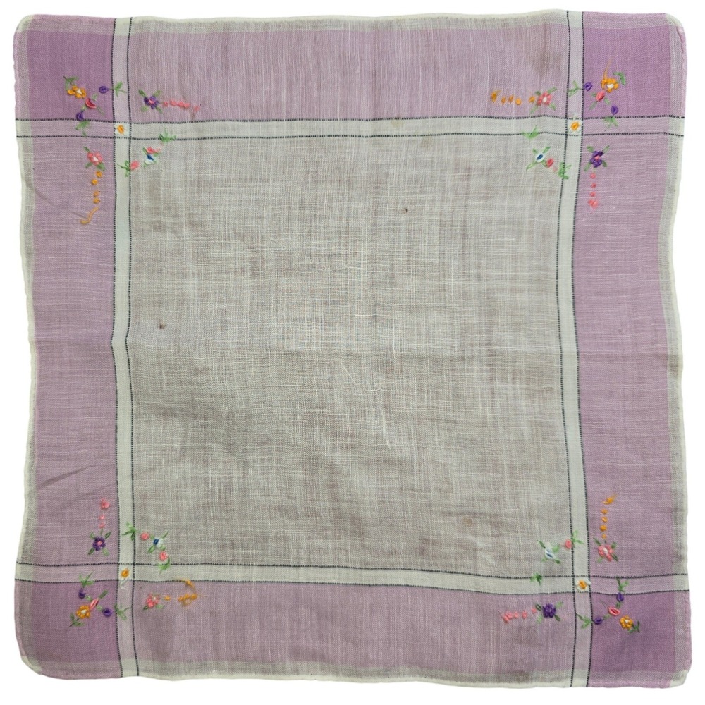 Hankie Hanky Embroidered thin lightweight Lavender Pink 10x9.5 Vintage